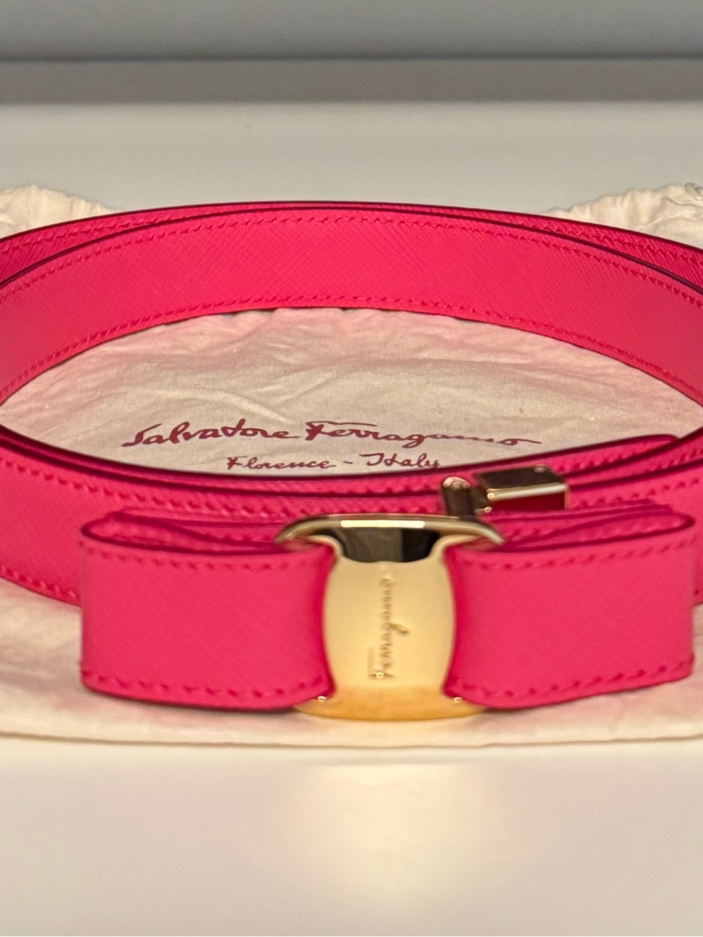 Authentic Salvatore Ferragamo Hot Pink Leather Vara Bow Belt with Gold Buckle